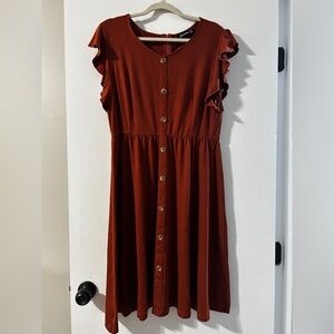 Rust Button-Down Dress with Ruffle Sleeves